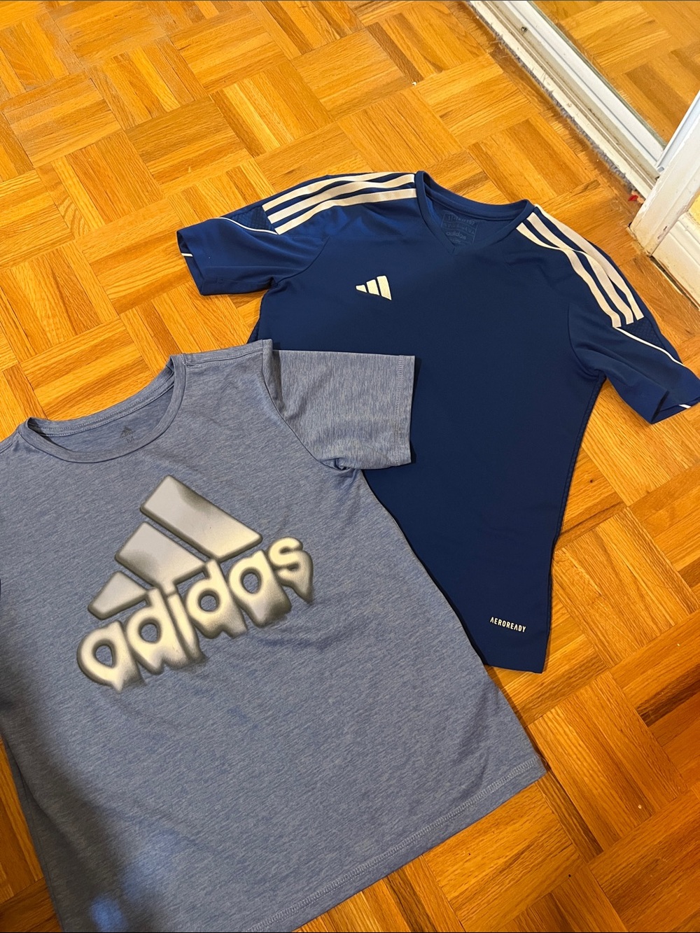 2 adidas Boys' (10/12) Navy and Heather Blue Short Sleeve Tees